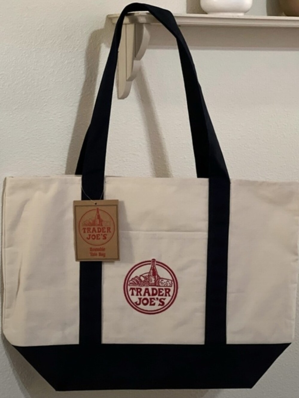 Trader Joe's Cream and Black Canvas Tote Bag with Red Logo